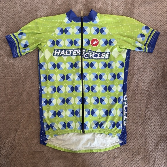 castelli Tops - Mens Castelli Green Blue Cycling Jersey Full ZIp Bicycle Halters Cycles Large